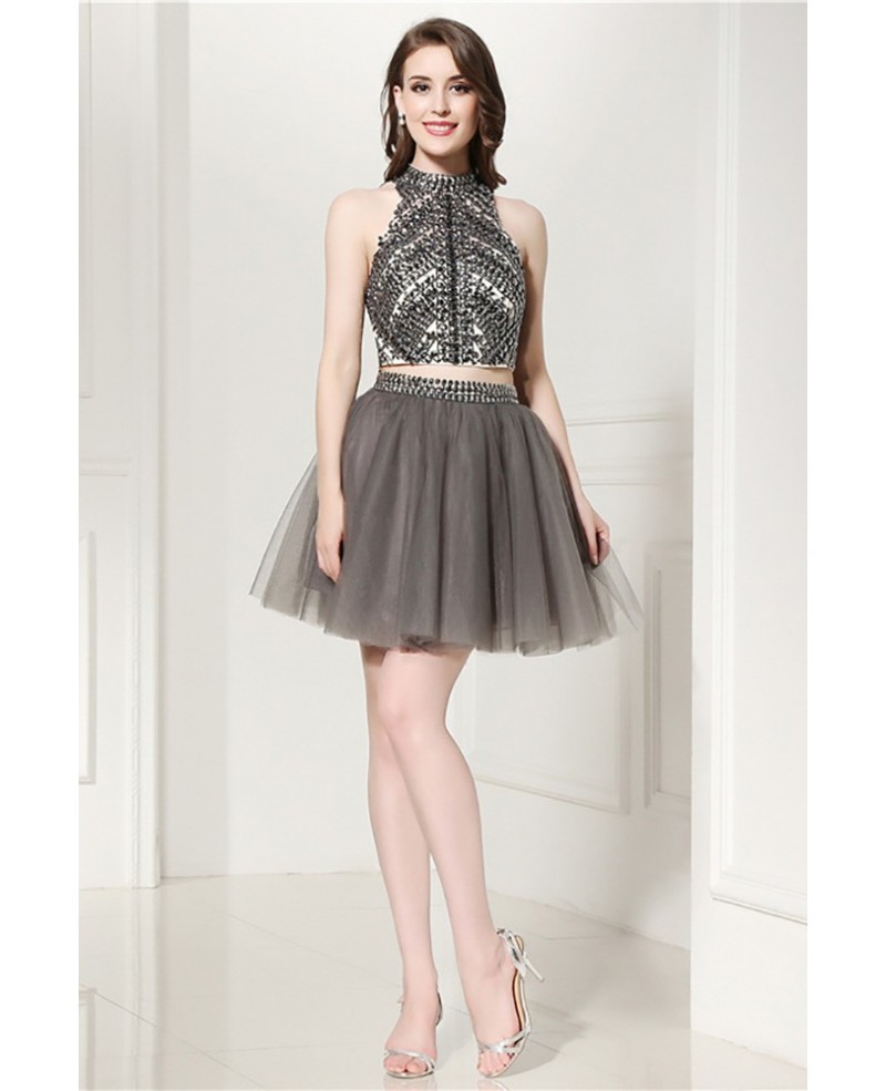 Sparkly 2 Piece Grey Short Formal Dress With Halter Crystal Crop Top - Click Image to Close