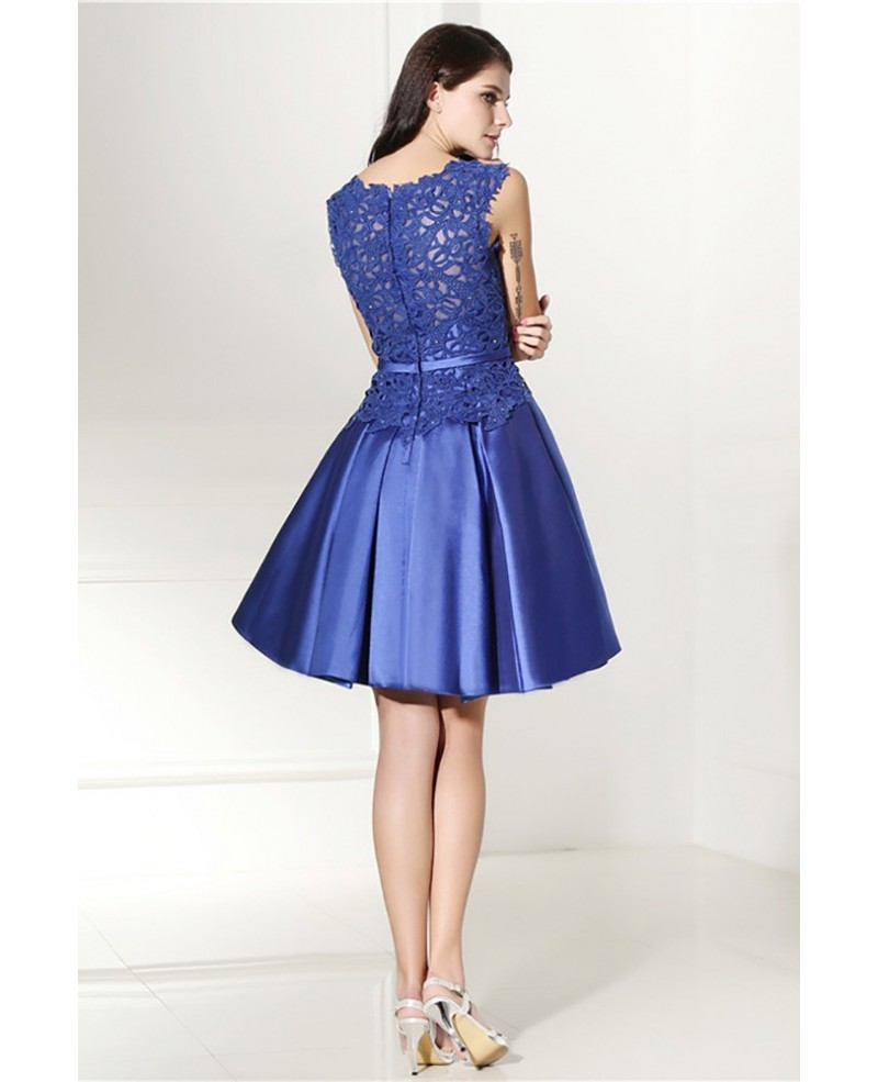 Modest Sleeveless Blue Satin Formal Dress Short With Lace Top