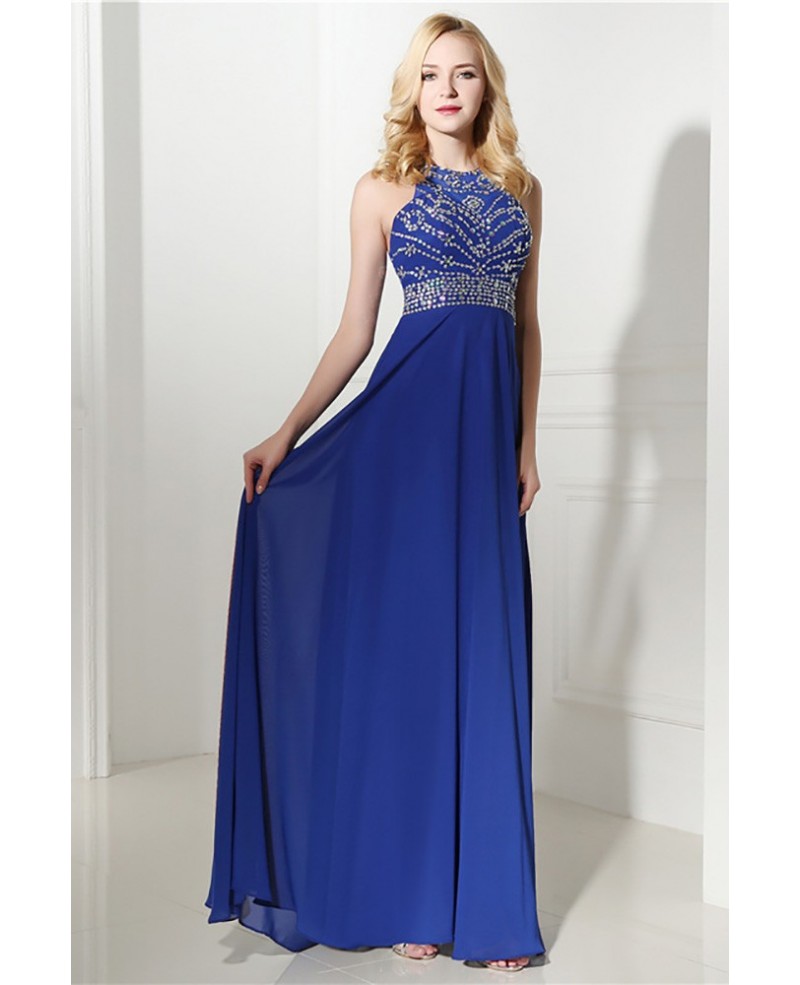 Royal Blue Long Halter Evening Dress Chiffon With Beading Top - Click Image to Close