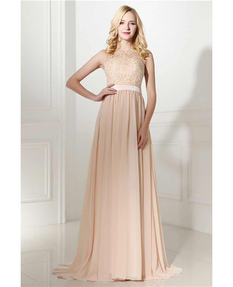 Elegant Long Chiffon Champagne Formal Evening Dress With Lace Bodice - Click Image to Close