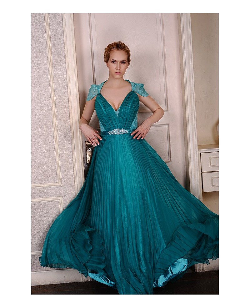 A-Line V-neck Floor-Length Evening Dress With Beading Pleated