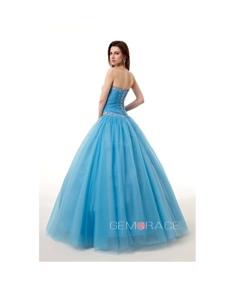 Ocean Blue Ballgown Beaded Sweetheart Long Tulle Prom Dress - Click Image to Close