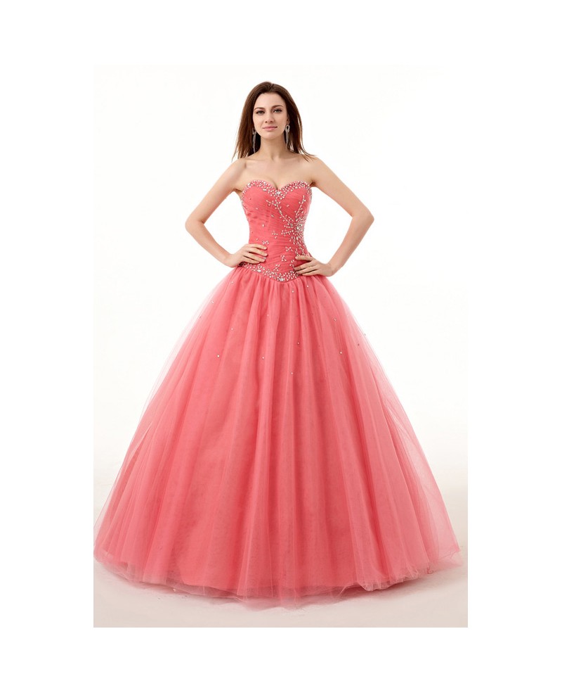 Red Ballgown Beaded Sweetheart Long Tulle Prom Dress - Click Image to Close