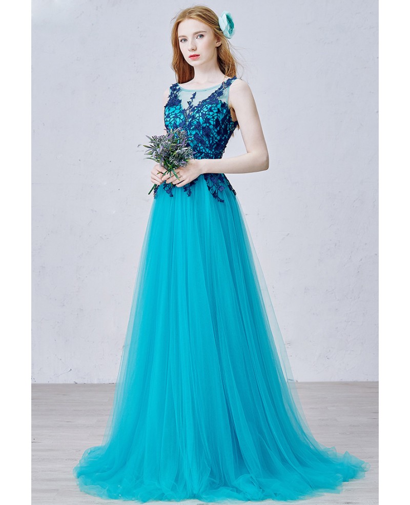 Romantic A-Line Scoop Neck Sweep Train Tulle Prom Dress With Appliques Lace