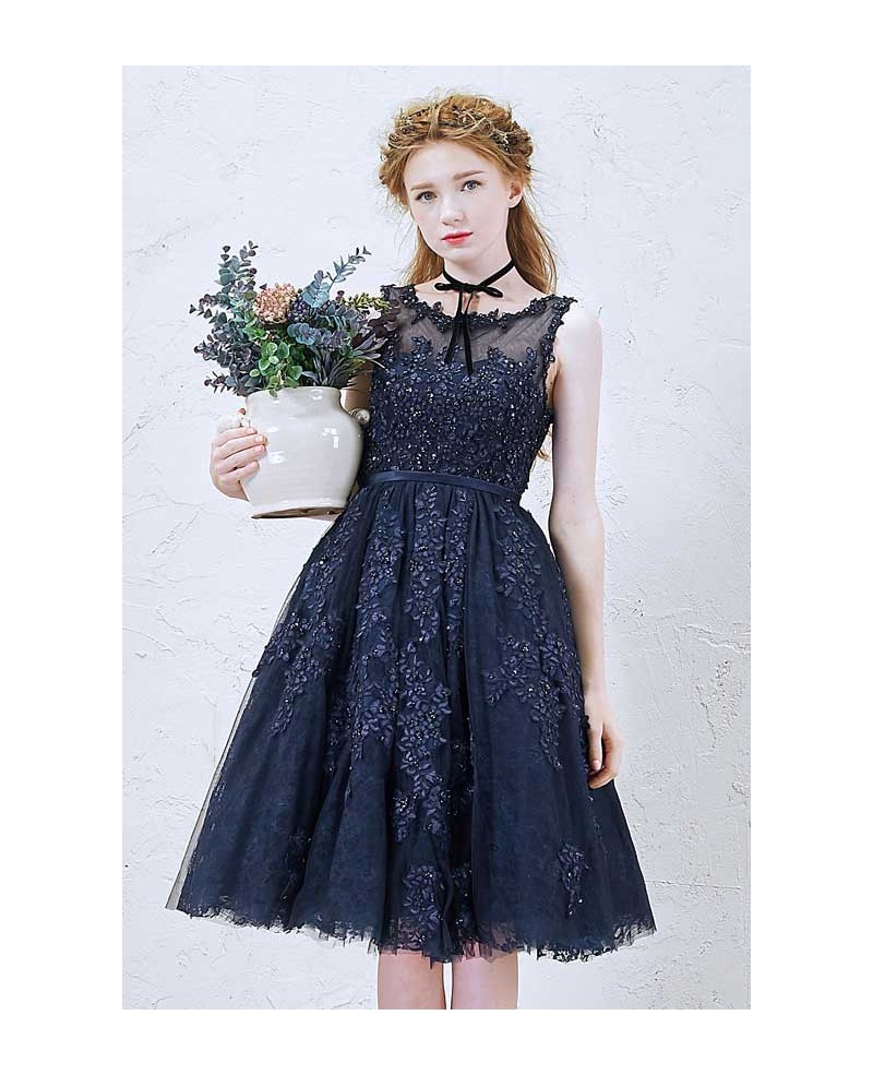 Vintage A-Line Scoop Neck Tea-Length Tulle Dress With Appliques Lace