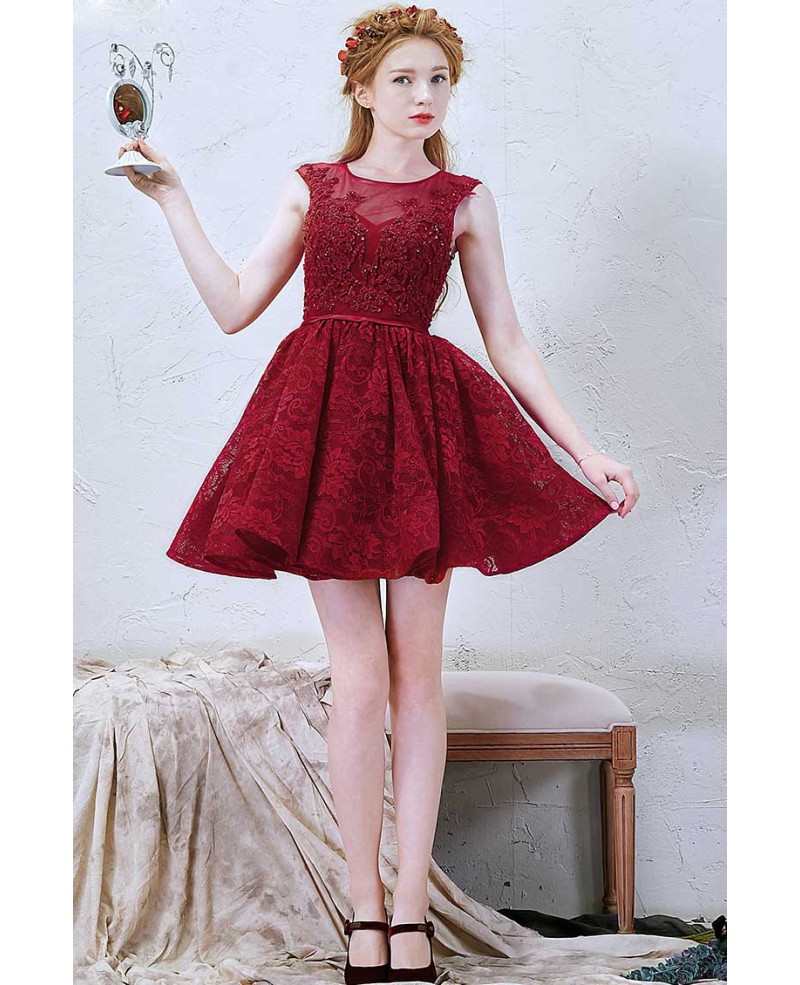 Chic A-Line Scoop Neck Short Lace Dress With Beading - Click Image to Close