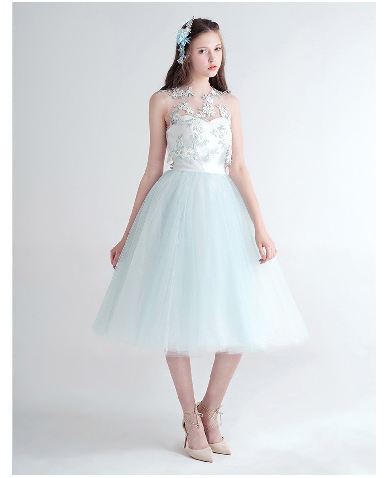 Cute Ball-Gown Strapless Tea-Length Tulle Dress With Flower Wrap