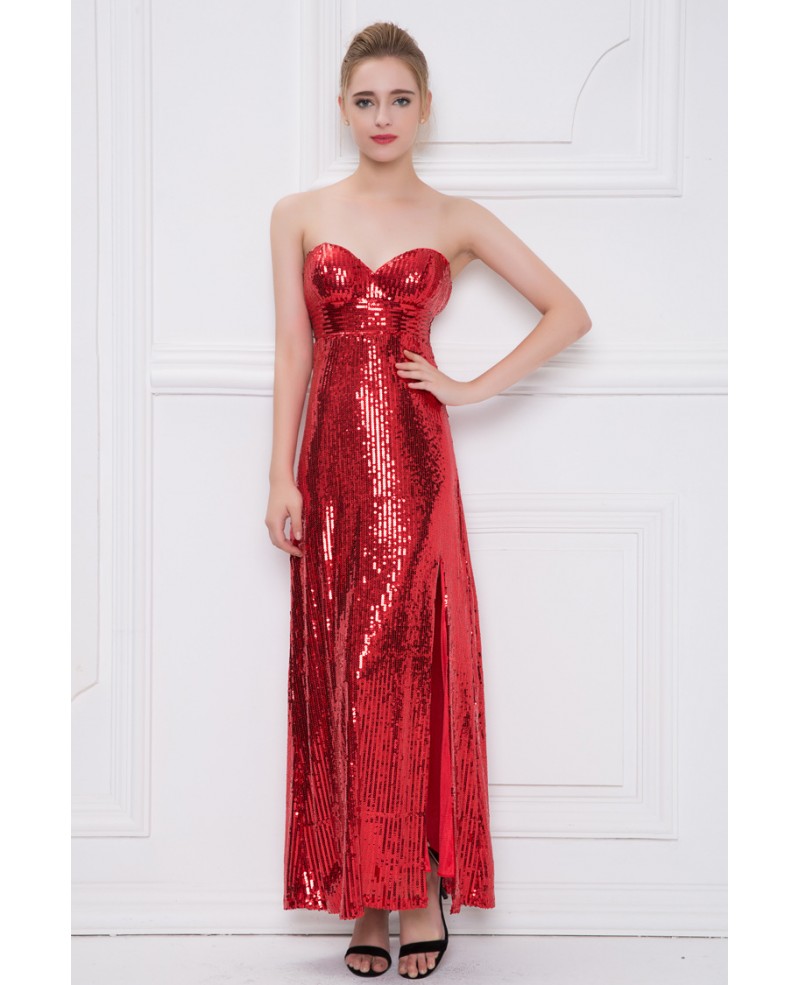 Sexy Red Sequined Sweetheart Long Evening Dress With Split - Click Image to Close