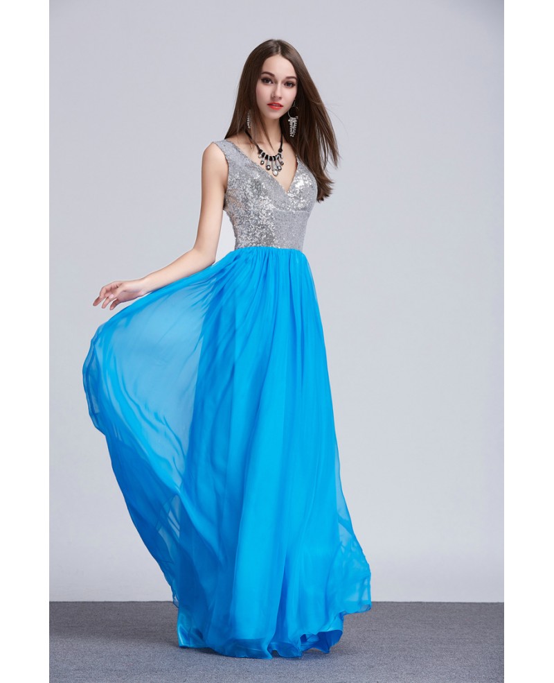 Stylish A-Line V-neck Sequined Chiffon Long Prom Dress With Ruffle - Click Image to Close