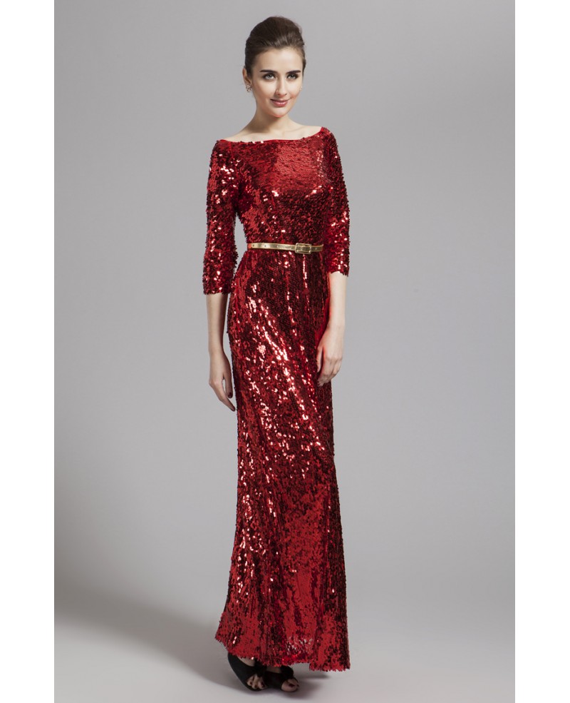 Modern High Wasit Sequined Long Evening Dress With Sleeves