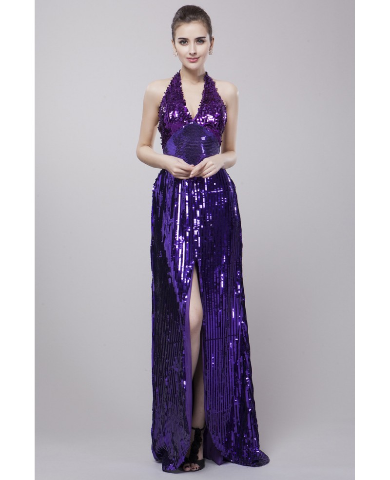 Sexy Sequined Halter Evening Dress With Front Split - Click Image to Close