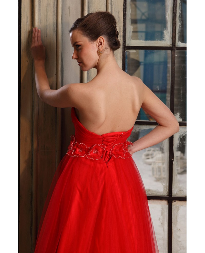 Red Ball-gown Sweetheart Sweep Train Tulle Wedding Dress With Flowers