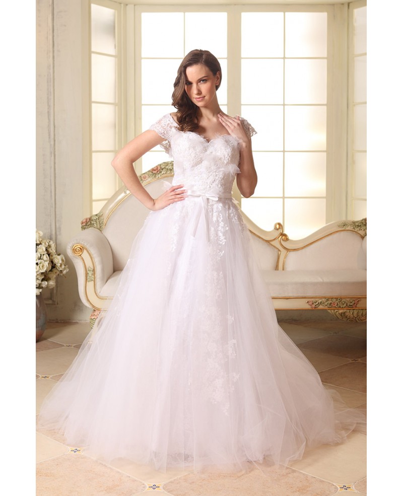 A-line Sweetheart Sweep Train Tulle Wedding Dress With Appliques Lace