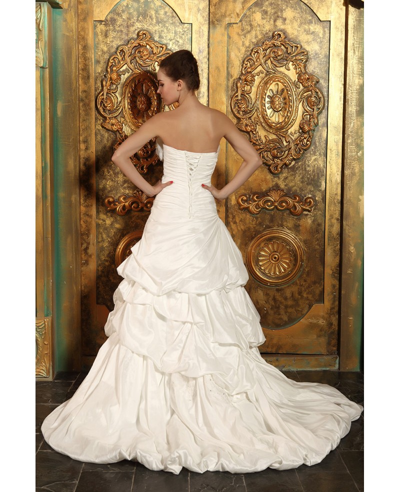 Ball-gown Strapless Court Train Satin Wedding Dress With Ruffle Flowers