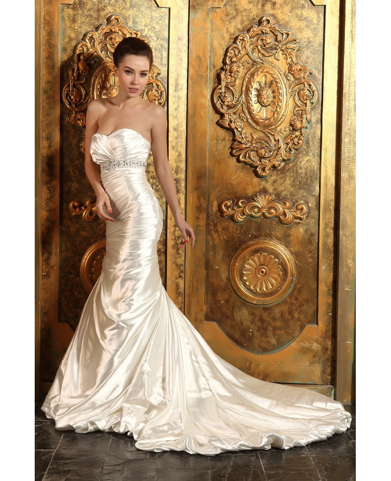 Mermaid Sweetheart Court Train Satin Wedding Dress With Beading