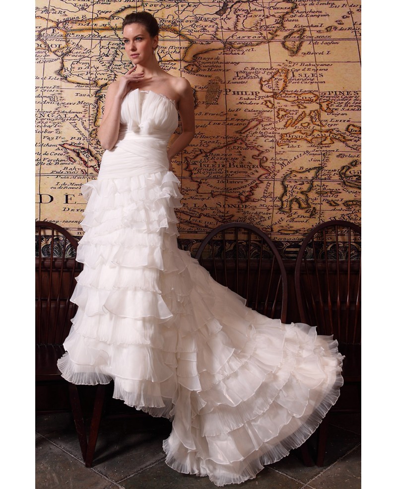 Ball-gown Strapless Court Train Organza Wedding Dress With Cascading Ruffle