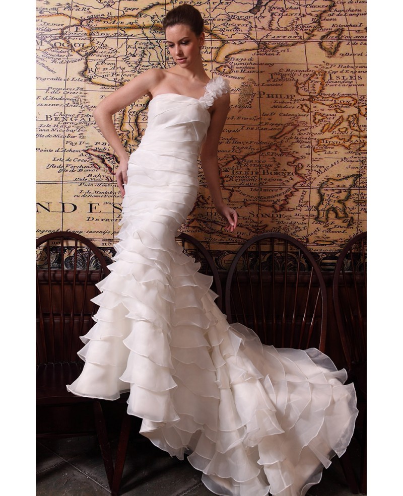 Mermaid One-shoulder Sweep Train Organza Wedding Dress With Cascading Ruffle