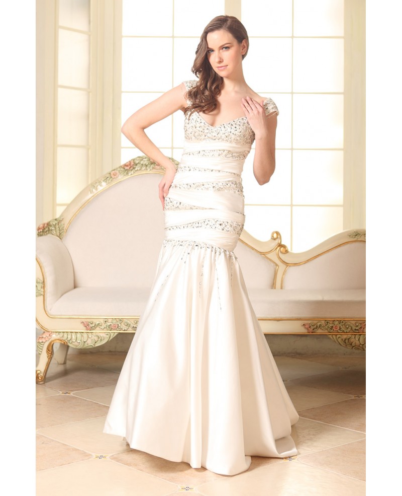 Mermaid V-neck Sweep Train Satin Wedding Dress With Beading