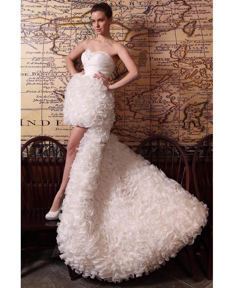 Sheath Sweetheart Asymmetrical Detachable Wedding Dress With Cascading Ruffle