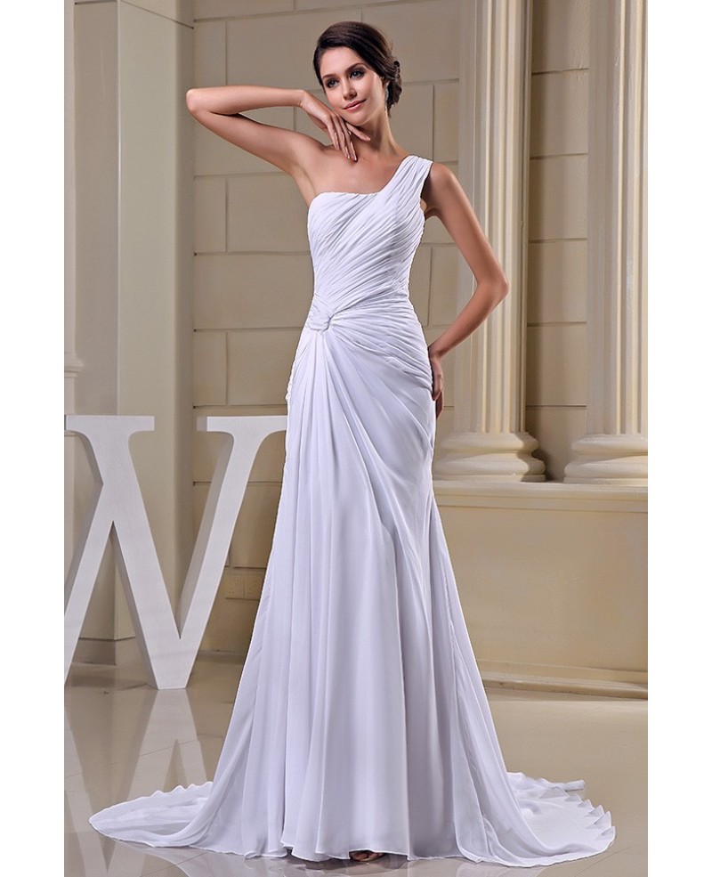 Sheath One-shoulder Sweep Train Chiffon Wedding Dress