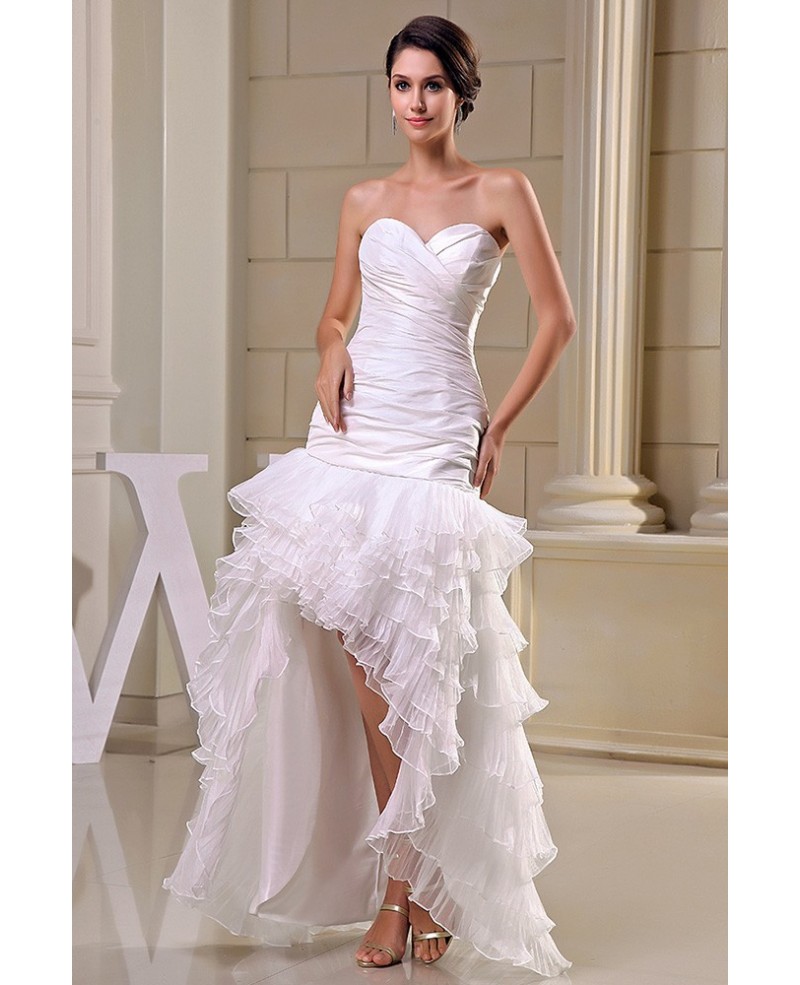 Sheath Sweetheart Asymmetrical Satin Tulle Wedding Dress With Cascading Ruffle - Click Image to Close