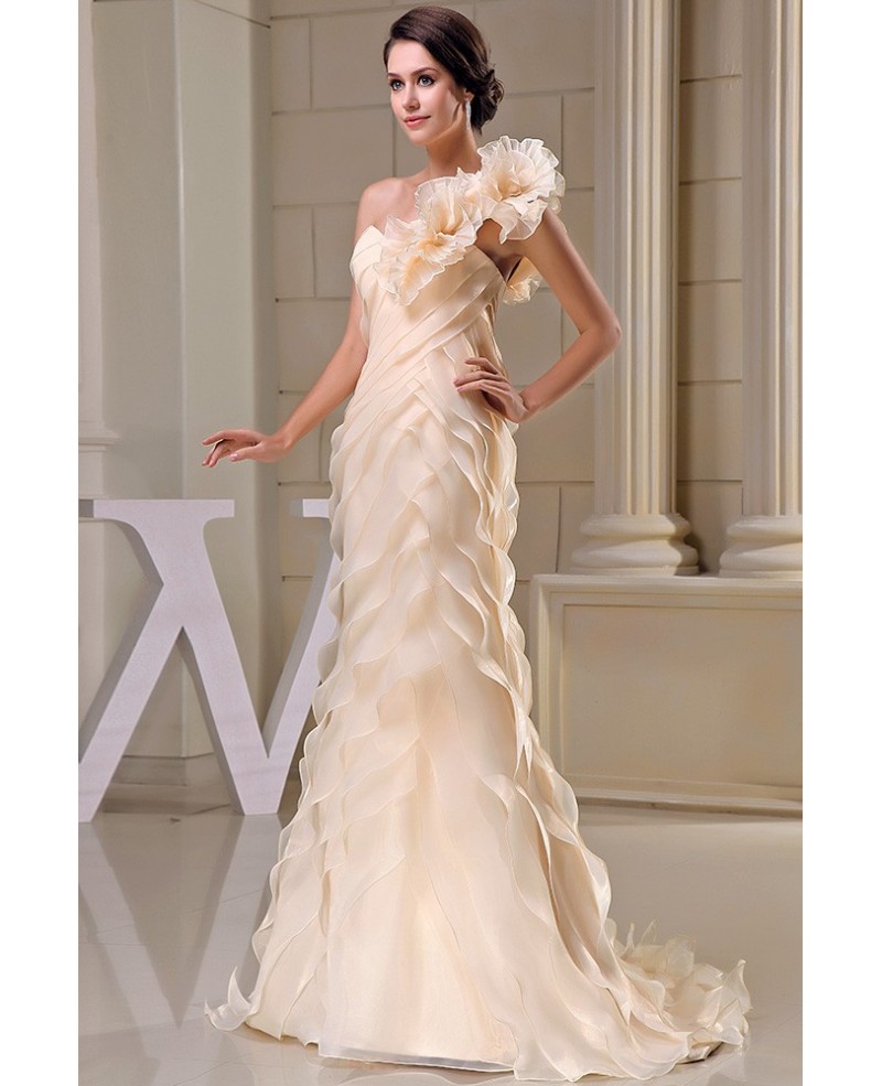 Sheath One-shoulder Sweep Train Organza Wedding Dress With Ruffle