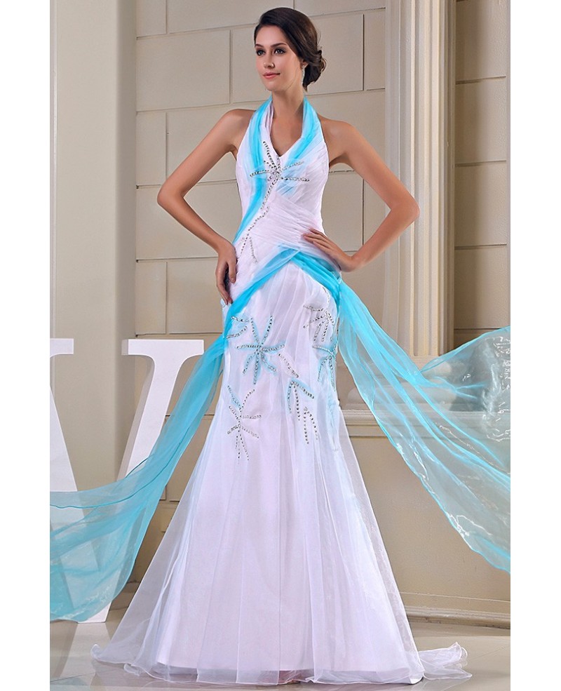 Mermaid Halter Sweep Train Tulle Evening Dress