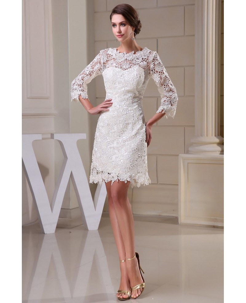 A-line High Neck Short Lace Wedding Dress - Click Image to Close