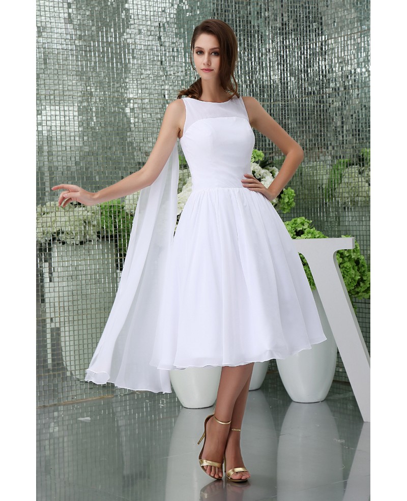A-line High Neck Tea-length Chiffon Wedding Dress - Click Image to Close
