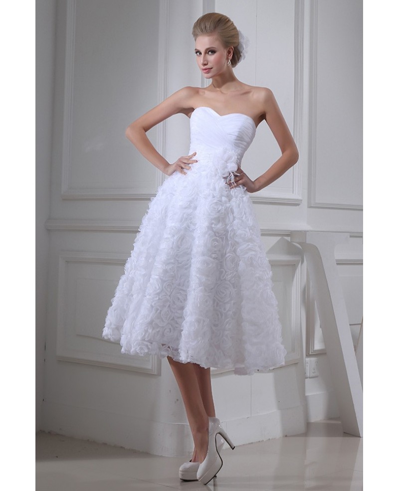 A-line Strapless Tea-length Tulle Wedding Dress With Flowers - Click Image to Close