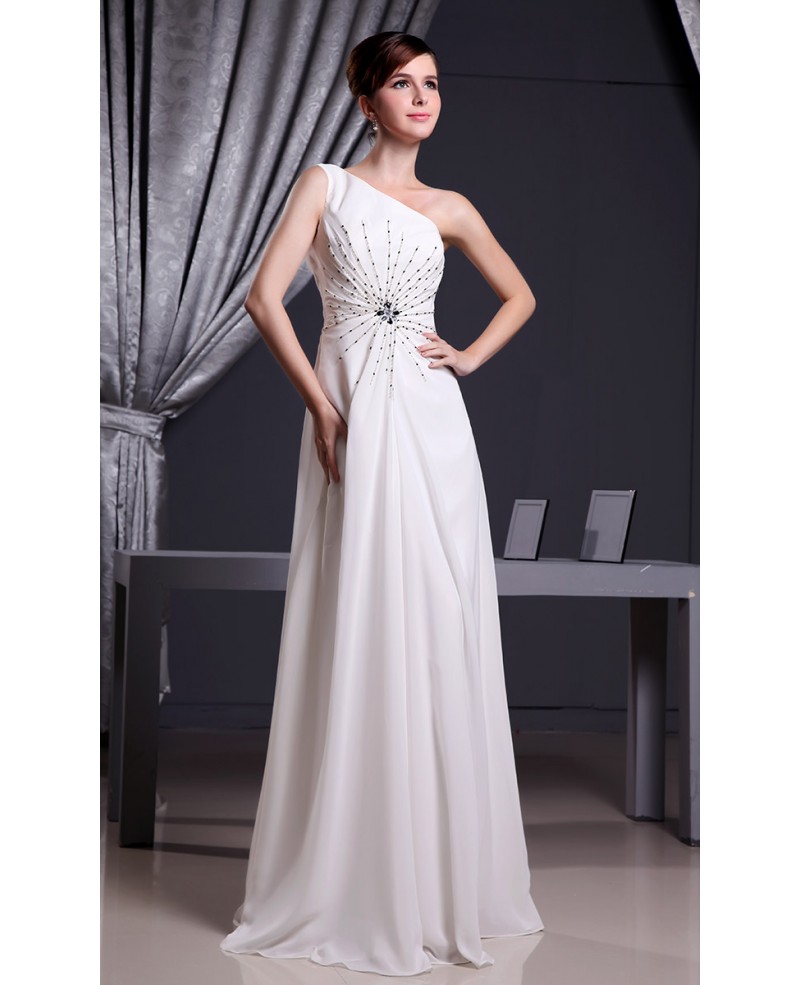 A-line One-shoulder Floor-length Chiffon Wedding Dress With Beading