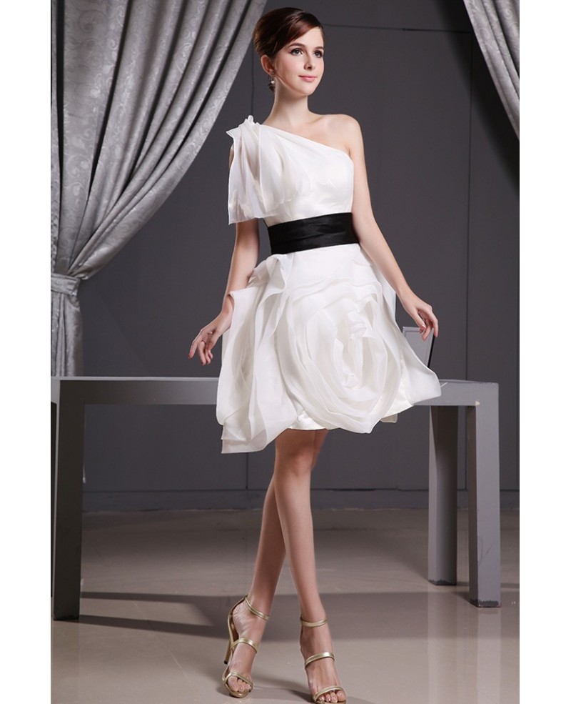 A-line One-shoulder Knee-length Organza Wedding Dress With Ruffle - Click Image to Close