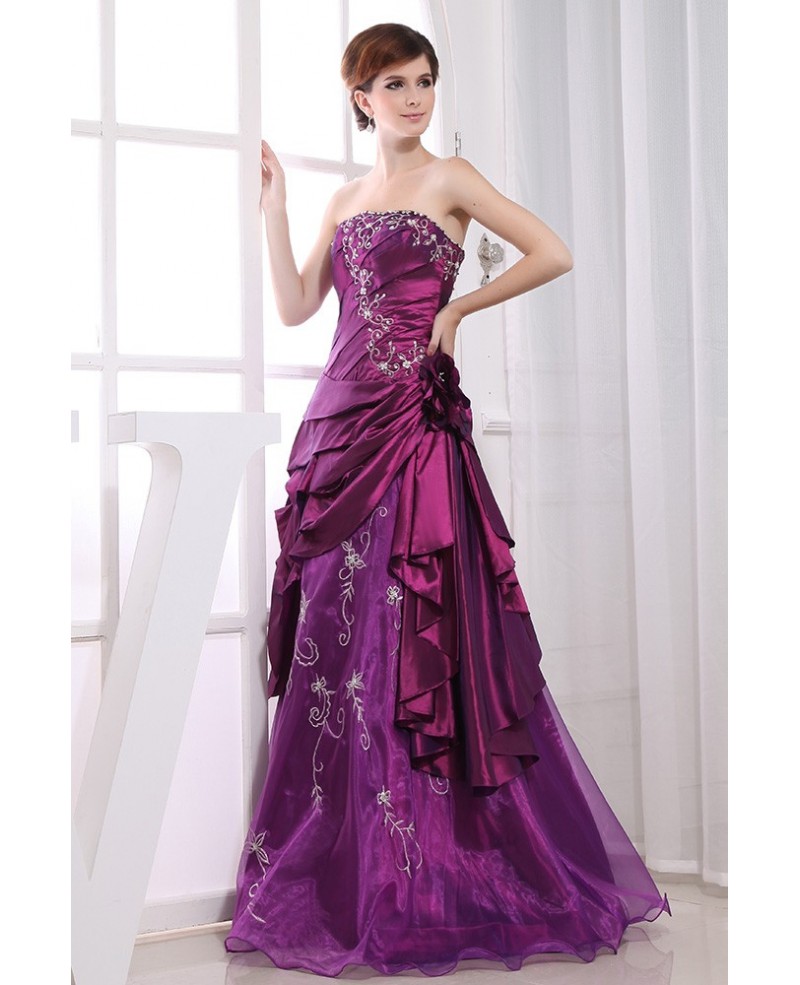 Purple Ball-gown Strapless Floor-length Satin Tulle Wedding Dress With Beading