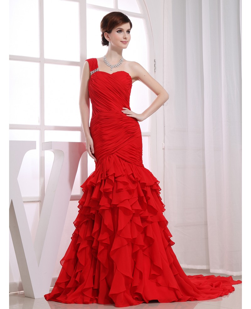 Red Mermaid One-shoulder Sweep Train Chiffon Wedding Dress With Cascading Ruffle