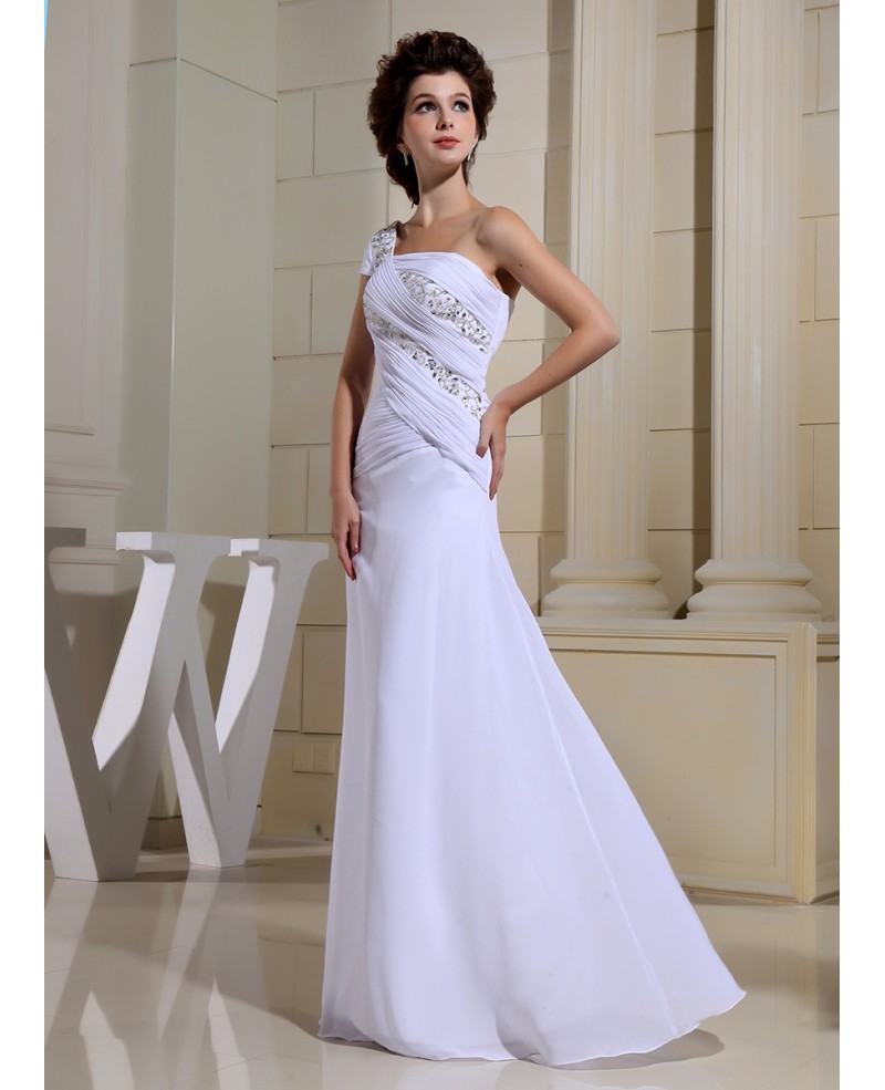 Sheath One-shoulder Floor-length Chiffon Wedding Dress With Beading