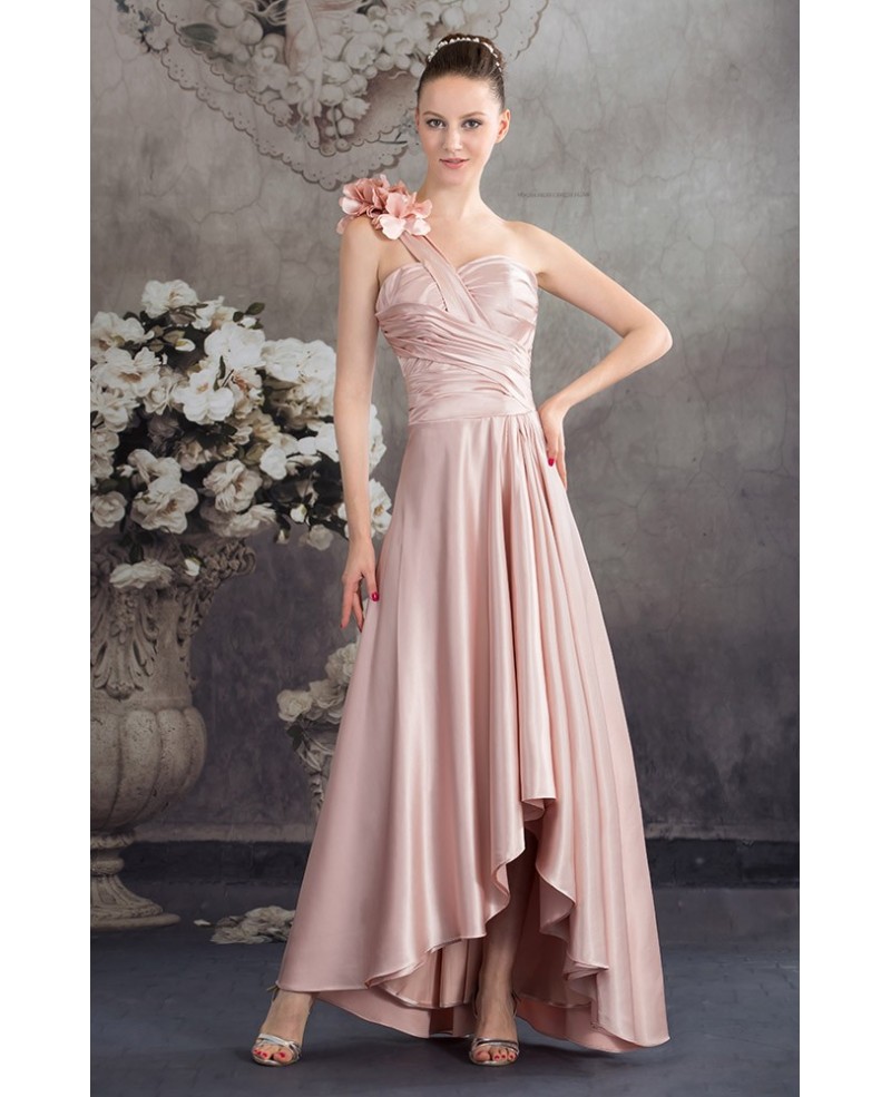 A-line One-shoulder Asymmetrical Satin Dress With Flowers - Click Image to Close