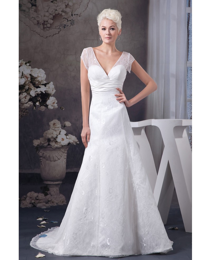 A-line V-Neck Court Train Lace Wedding Dress With Beading