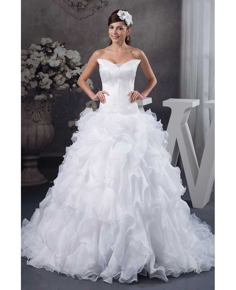 Ball-gown V-neck Cathedral Train Tulle Wedding Dress With Cascading Ruffle