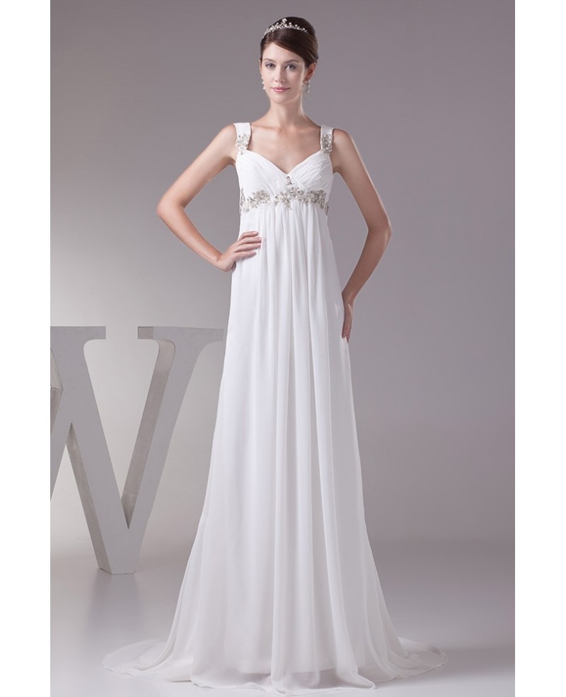 Empire V-neck Sweep Train Chiffon Wedding Dress With Beading