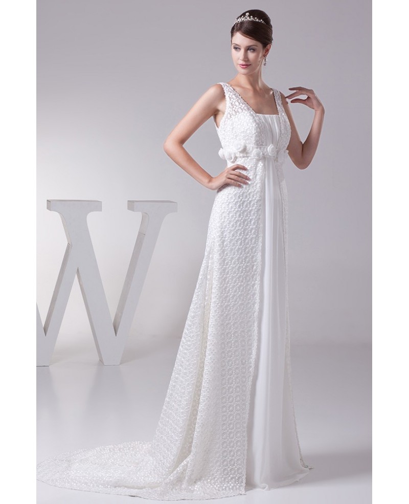 Empire Square Neckline Sweep Train Lace Chiffon Wedding Dress