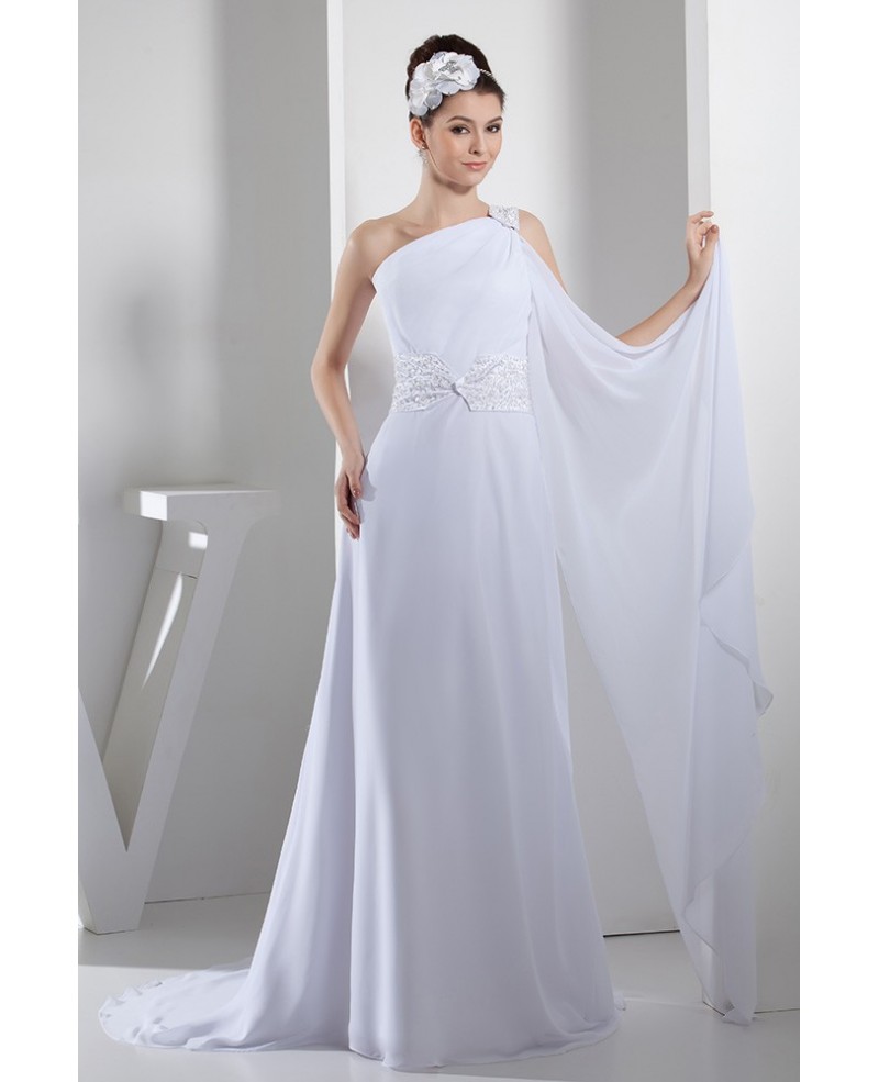 A-line One-shoulder SweepTrain Chiffon Wedding Dress With Beading