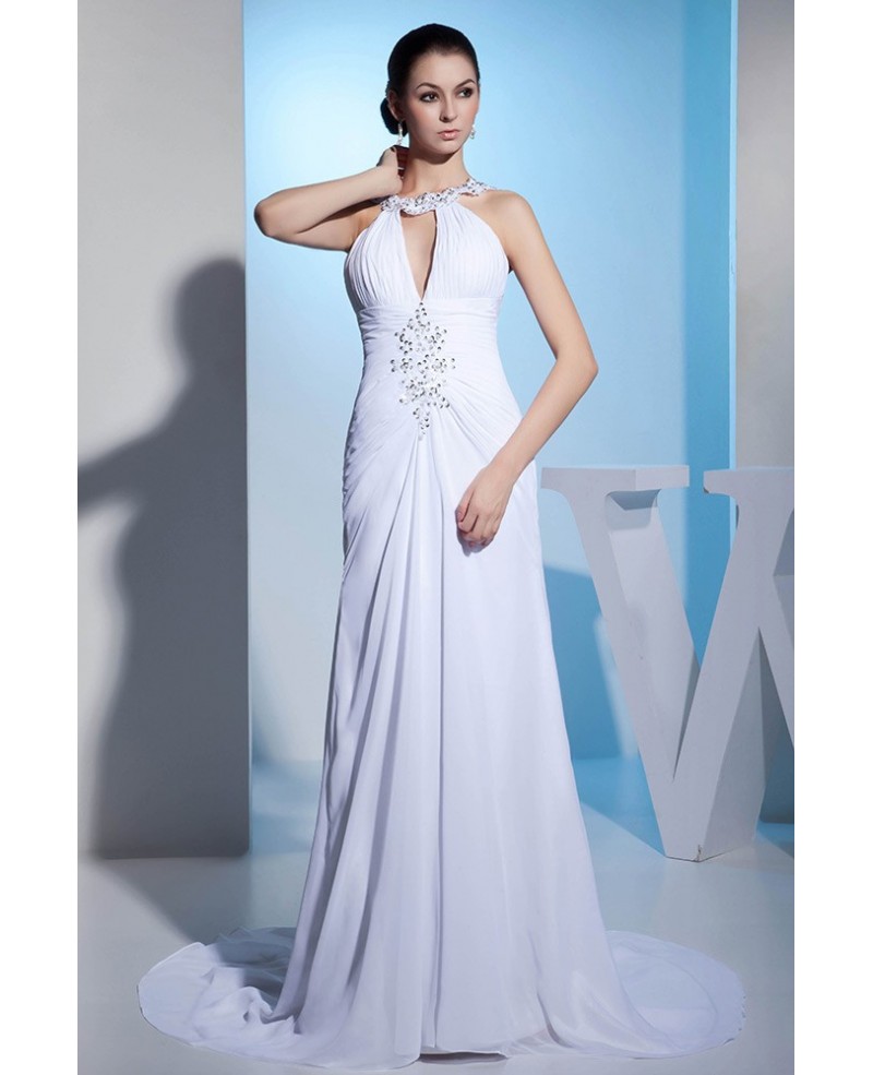 Mermaid Halter Court Train Chiffon Beach Wedding Dress With Beading