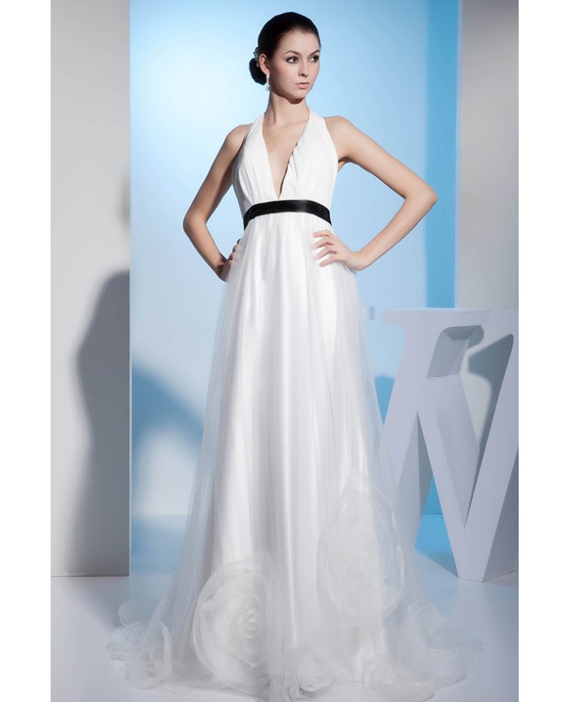 A-line Halter Sweep Train Organza Wedding Dress - Click Image to Close