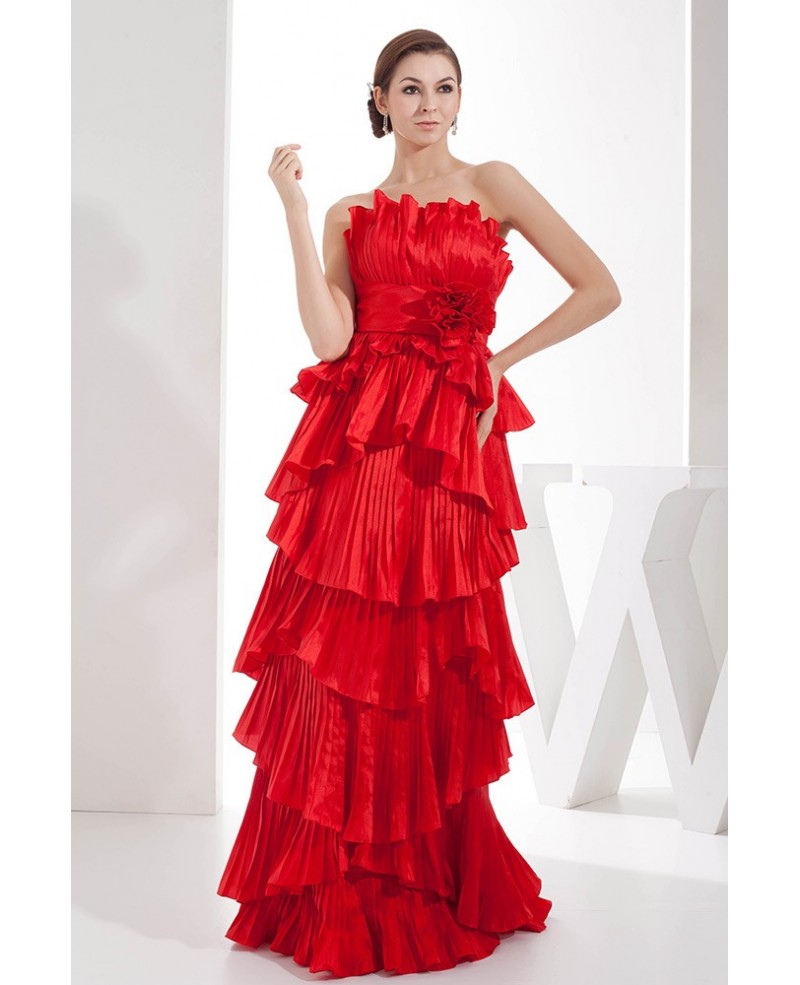 Hot Red Strapless Pleated Organza Wedding Dress With Cascading Ruffle