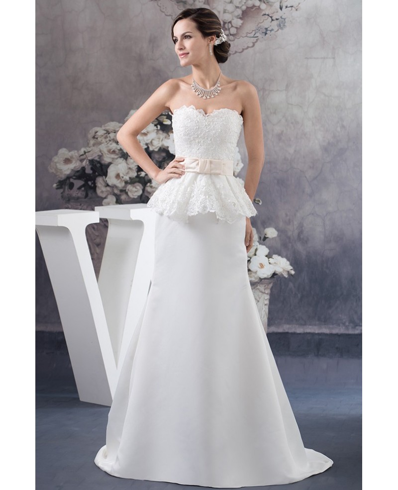 A-line Sweetheart Sweep Train Satin Wedding Dress With Lace