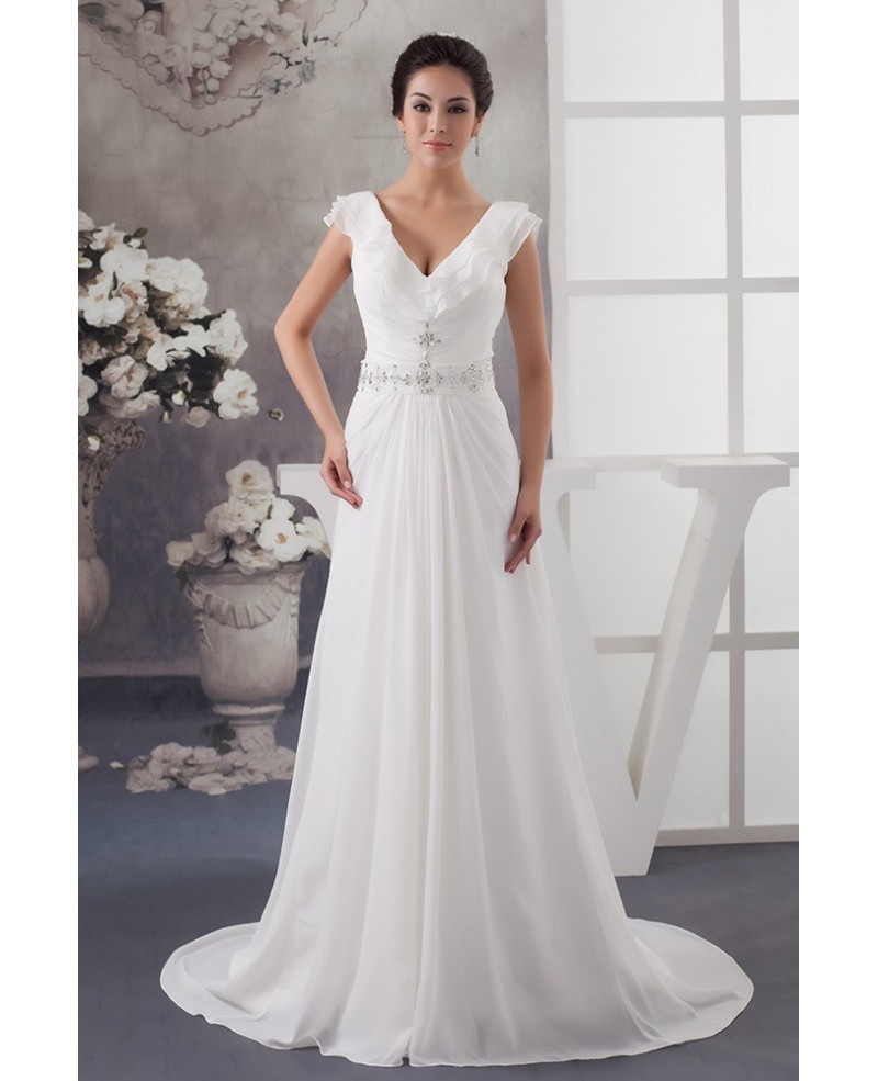 A-line V-neck Sweep Train Chiffon Wedding Dress With Beading