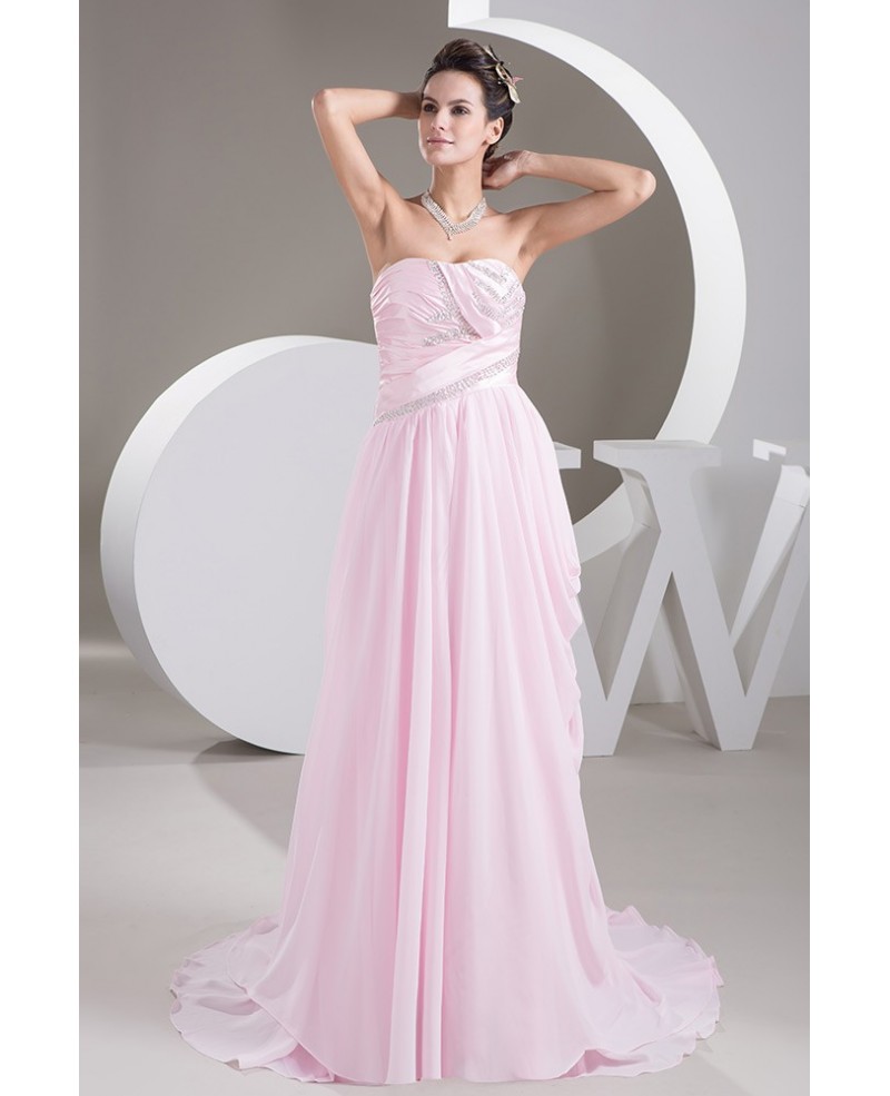 Blush Pink Sweep Train Chiffon Weddng Dress With Beading - Click Image to Close