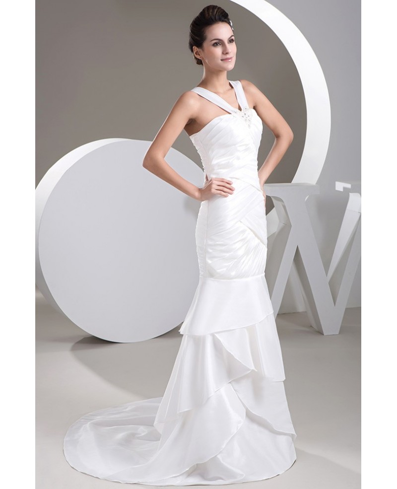 Mermaid Halter Sweep Train Satin Wedding Dress With Beading