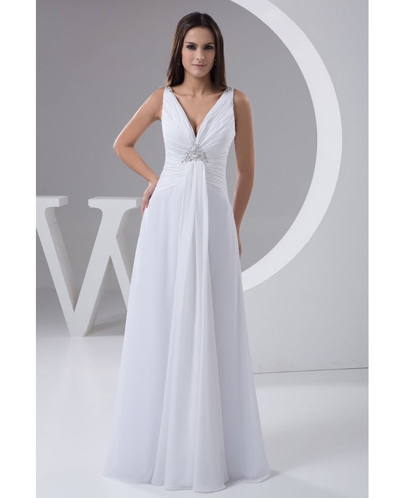 A-line V-neck Floor-length Chiffon Wedding Dress With Beading