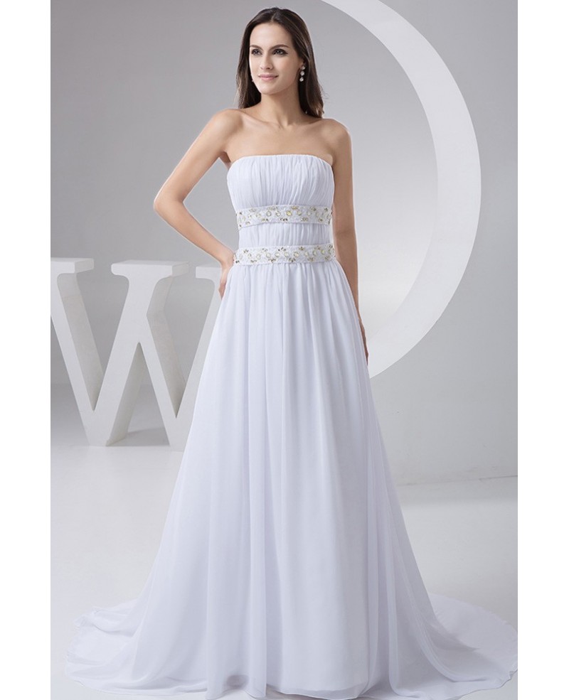 A-line Strapless Sweep Train Chiffon Wedding Dress With Beading